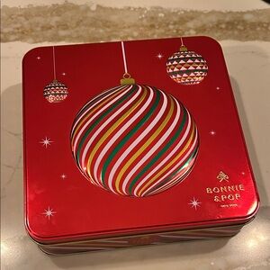 Red Holiday Ornament Tin, 9 inch x 9 inch